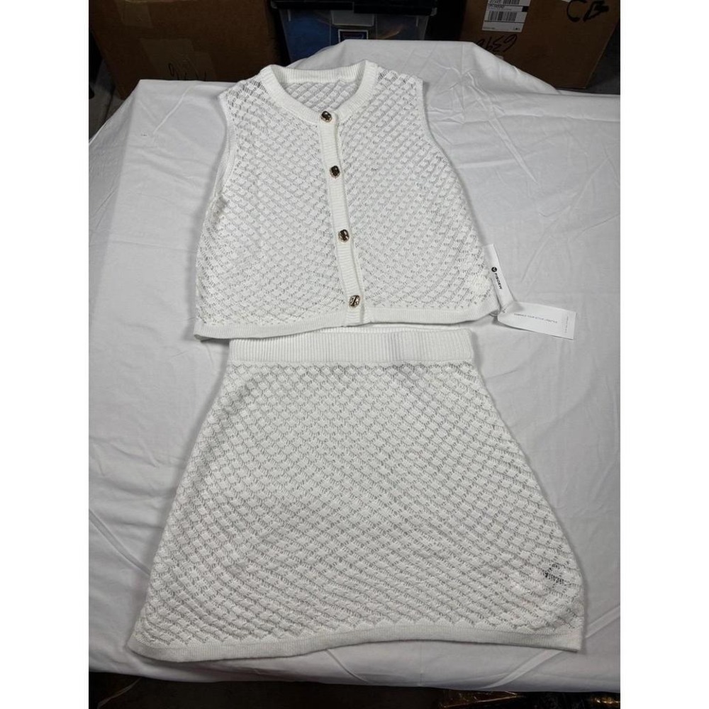NWT Fisoew White Knit Sweater Vest Skirt Set Gold Button Crochet Resort Wear M‎